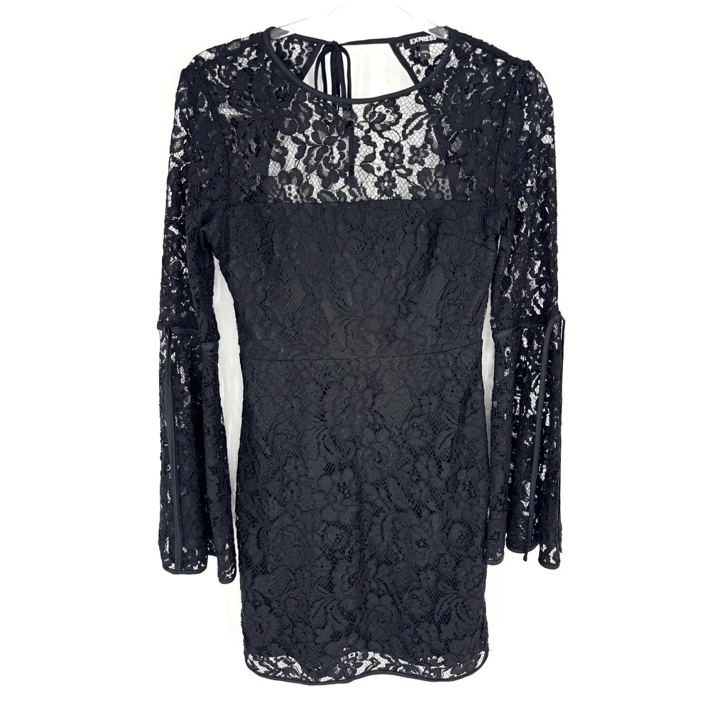 Express Black Floral Lace Bell Sleeve Mini Dress Open Back Size 4